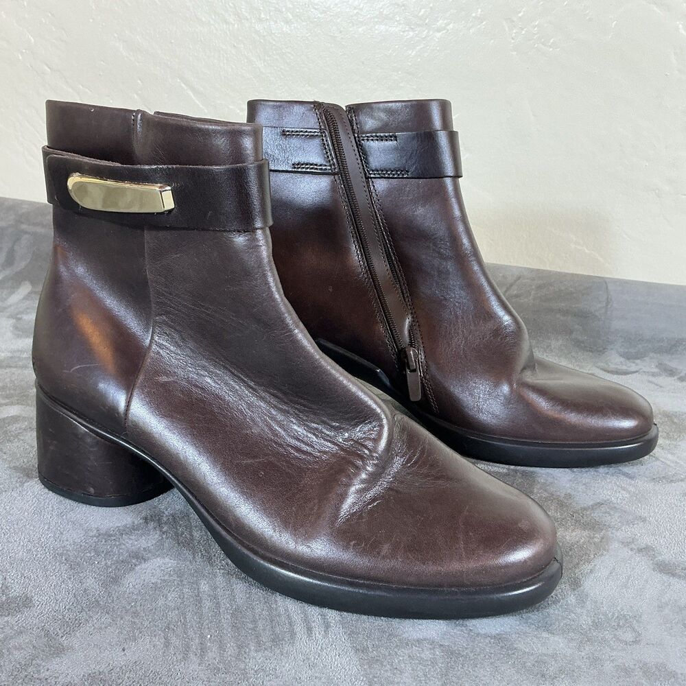 ECCO 38 Brown Leather Ankle Boots Zipper Brass Bit 2.5 Inch Heel Soft 7.5 M